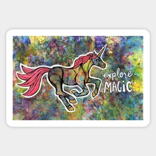 Explore Magic. Magical Unicorn Watercolor Illustration. Sticker